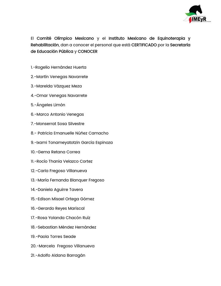 Equinoterapetas Certificados 2019 IMEyR